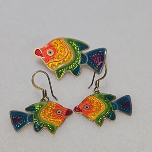 Colorful Fish Earrings And Pin Set